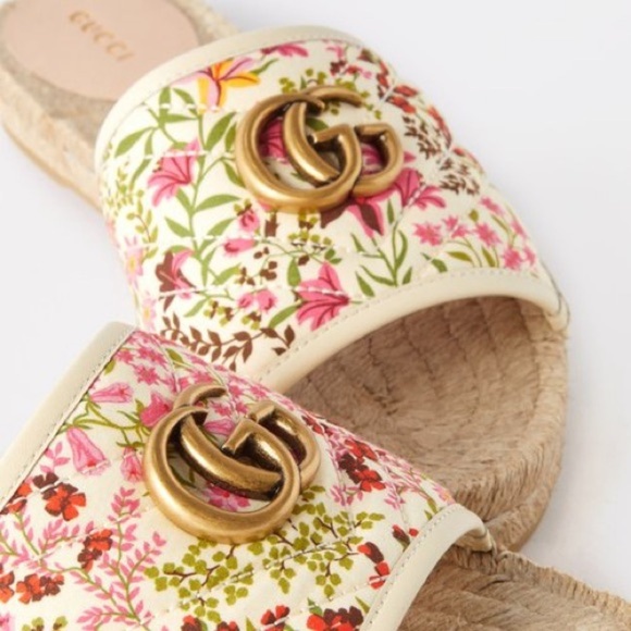 GUCCI 2019 Pilar Double G Floral Espadrille Canvas Slide Sandals 41 10C Wide - Picture 3 of 16